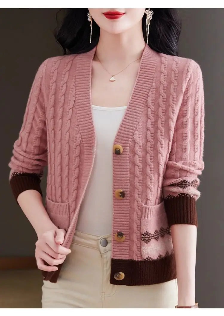 Women's Vintage V-Neck Button Pocket Knitted Cardigan Sweater