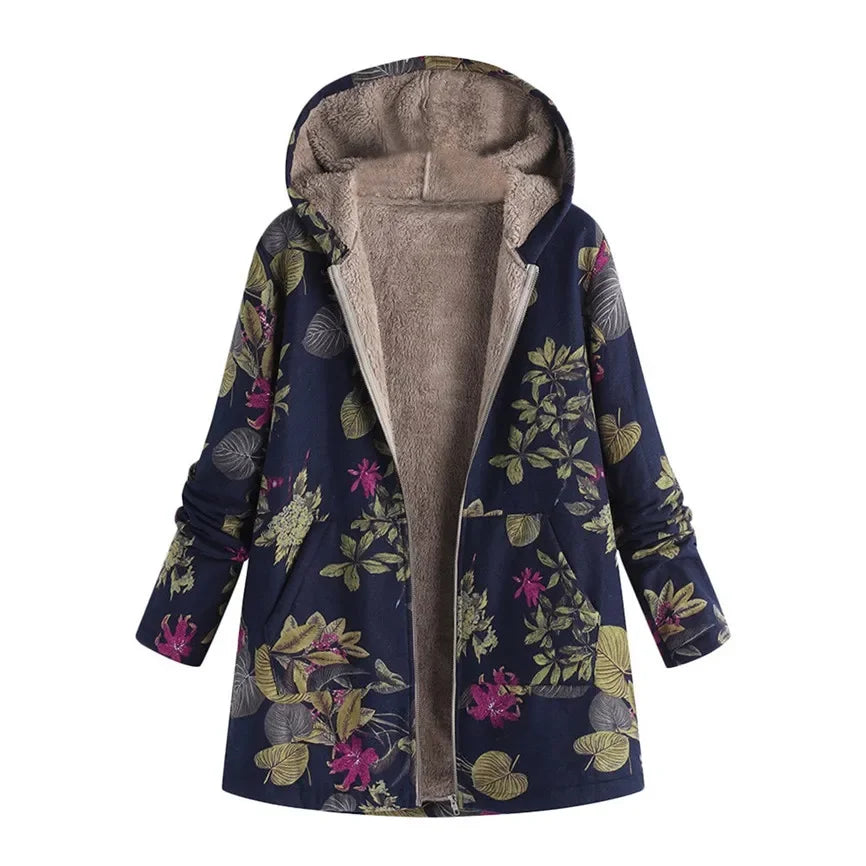 Women's Printed Hooded Long Sleeve Vintage Coat