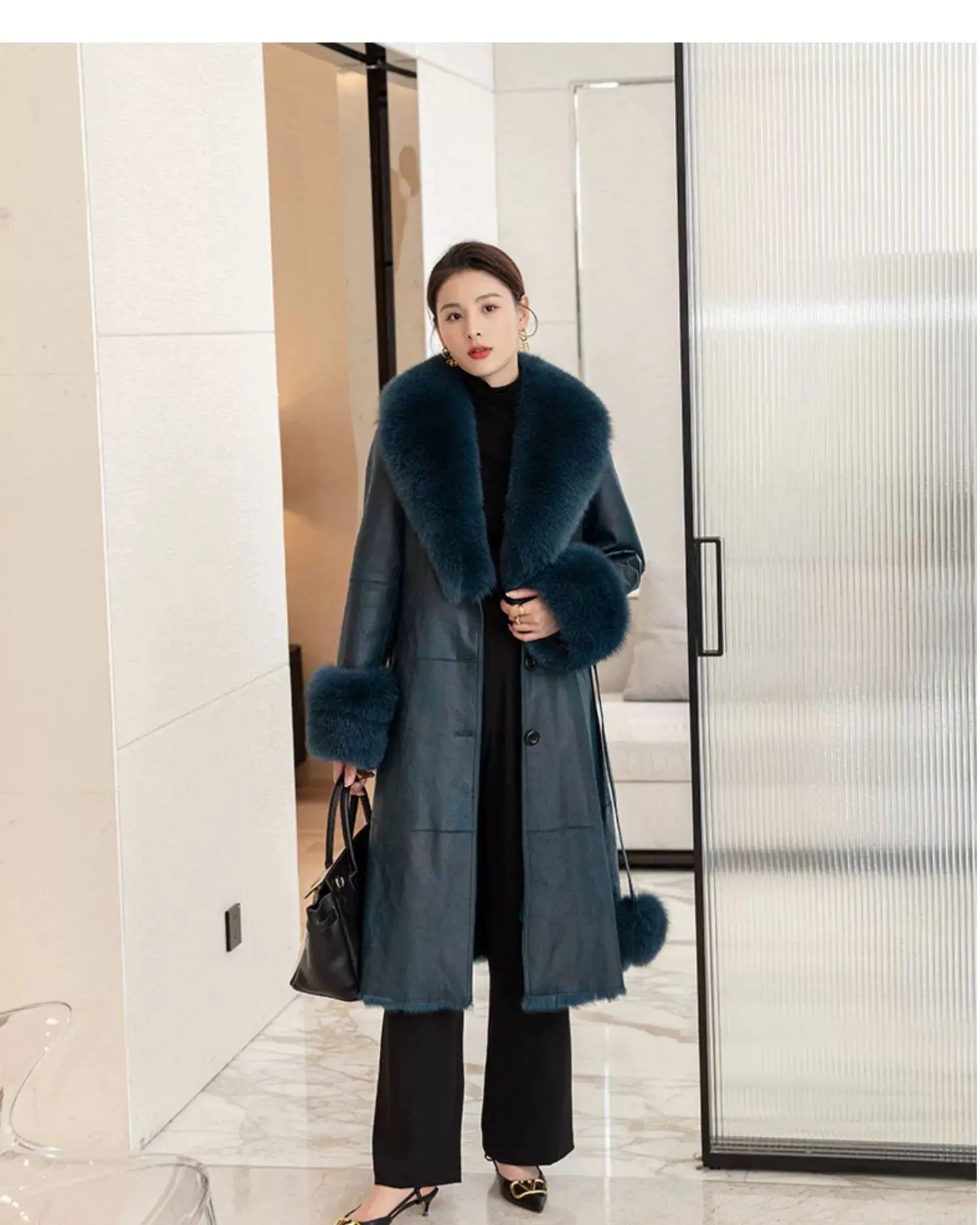 Women's Mid Length Rabbit Fur Fox Fur Collar Slim Fit Coat