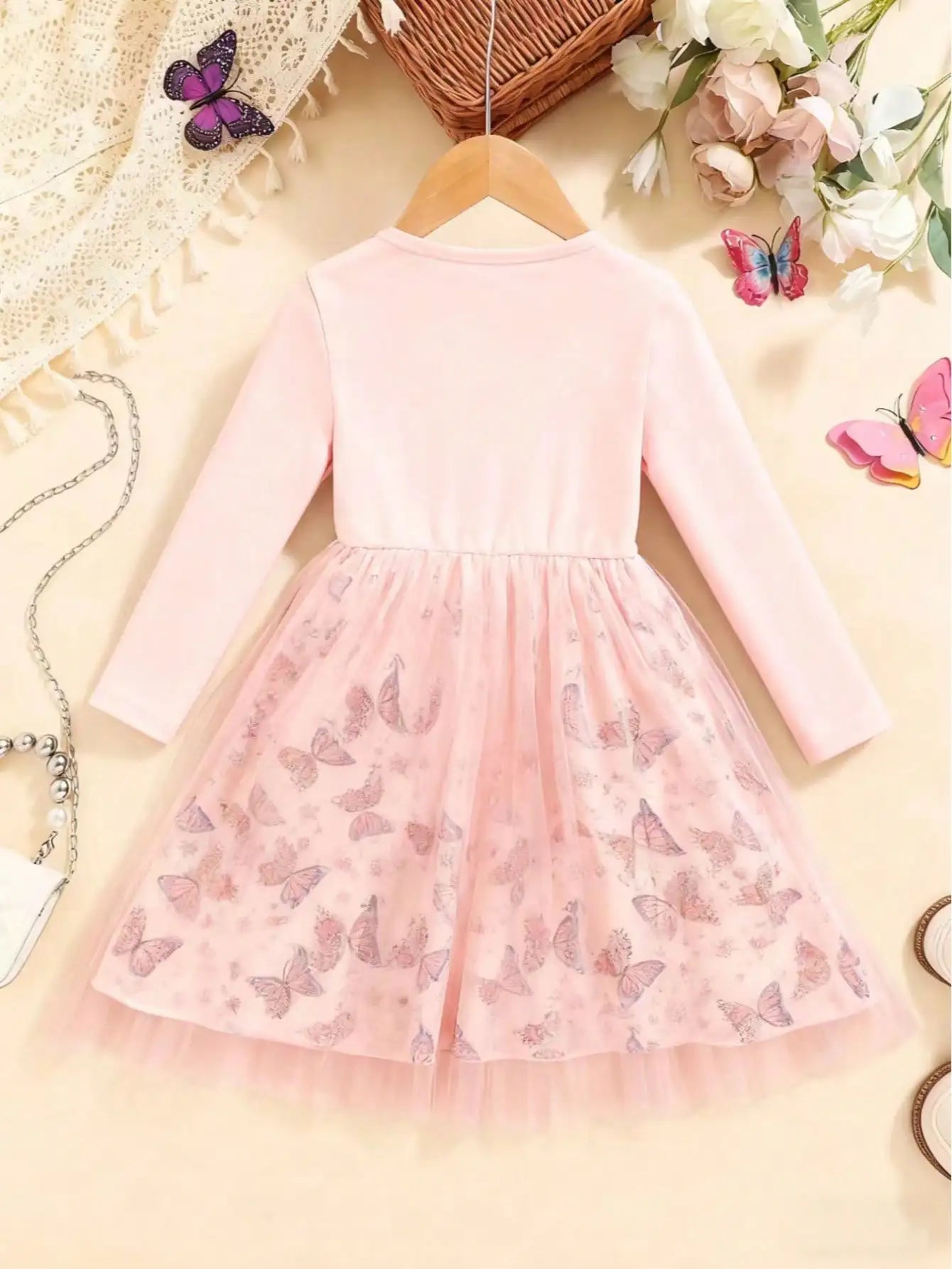 Girls Round Neck Long Sleeve Trumpet Skirt Knee Mesh Dress