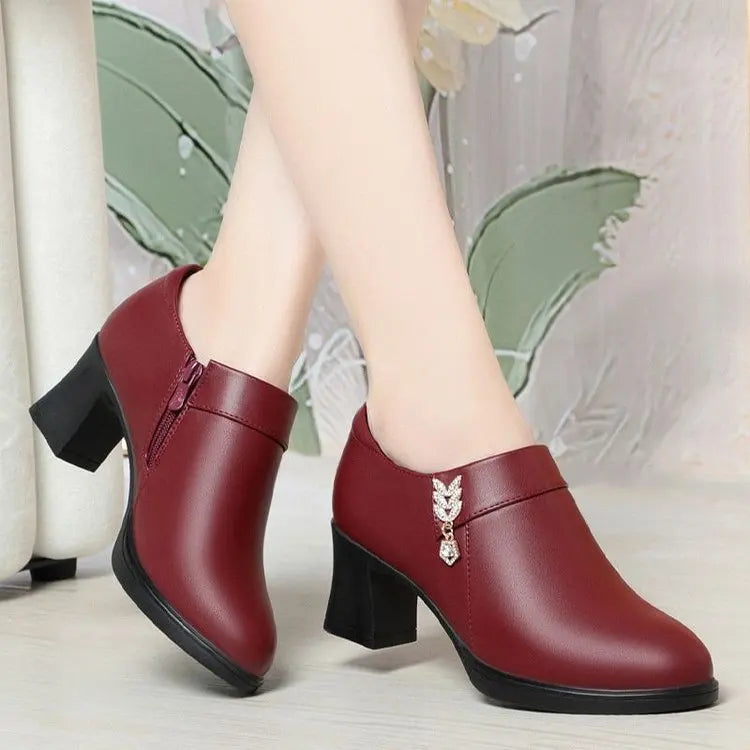 Women's Chunky Heel Soft Leather Zipper Closure Pumps