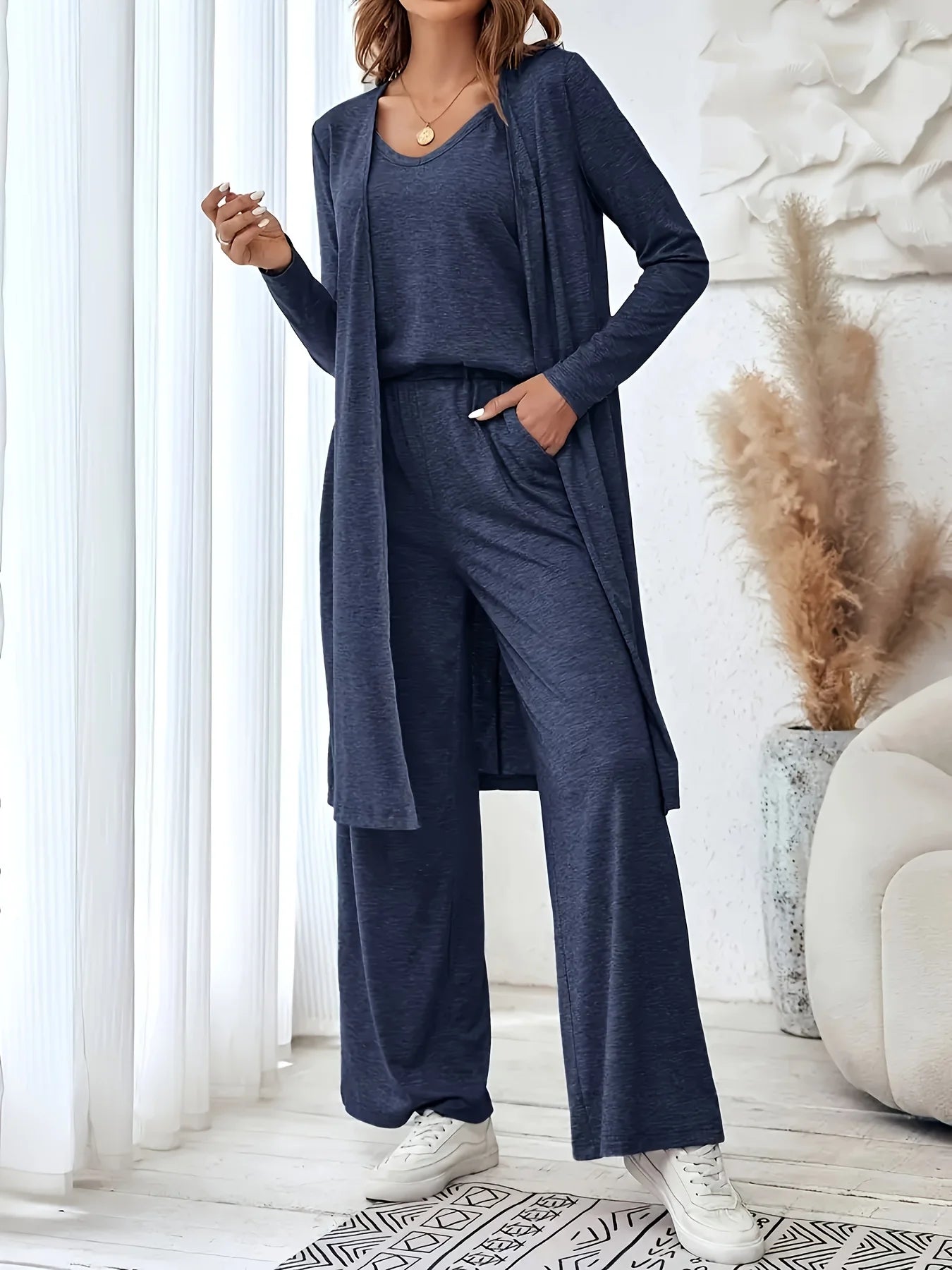 Women's 3Pcs knit Tank Cardigan Wide Leg Pants Loungewear Set