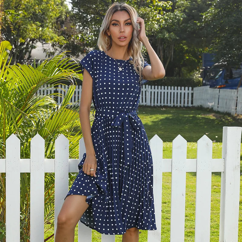 Women's High Waist Midi Elegant Pleated Polka Dots Dress