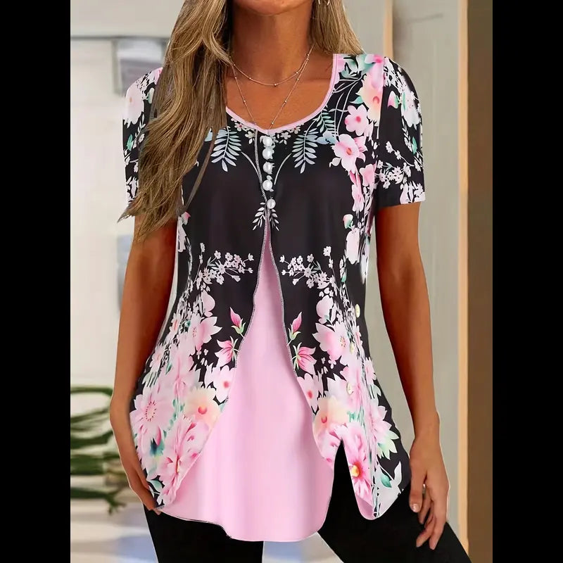 Women's Round Neck Short Sleeved Button Shirt