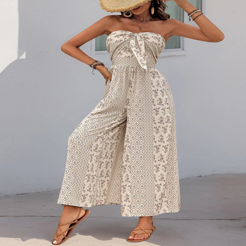 Women's Sleeveless Strapless Lace Up Wide Leg Pants Jumpsuit