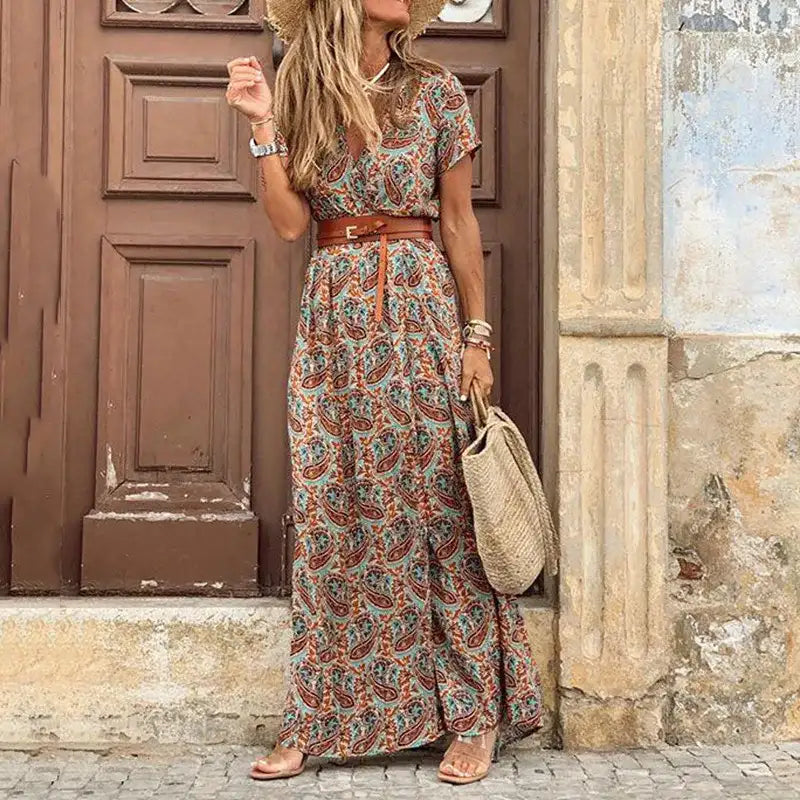 Women's Elegant Floral Pleated V Neck Puff Sleeve Waist Dress