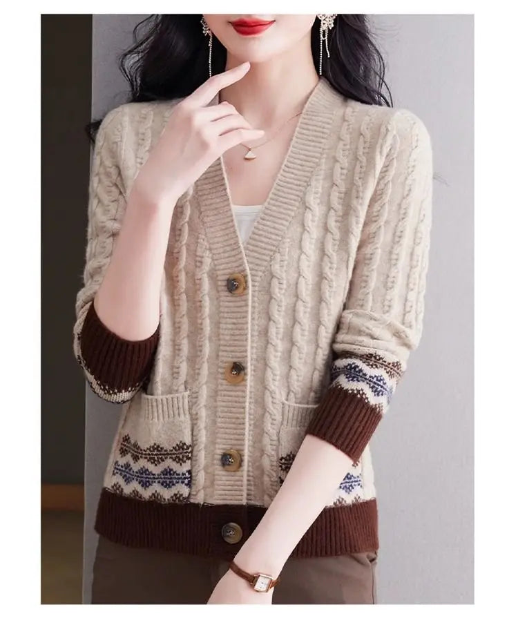 Women's Vintage V-Neck Button Pocket Knitted Cardigan Sweater