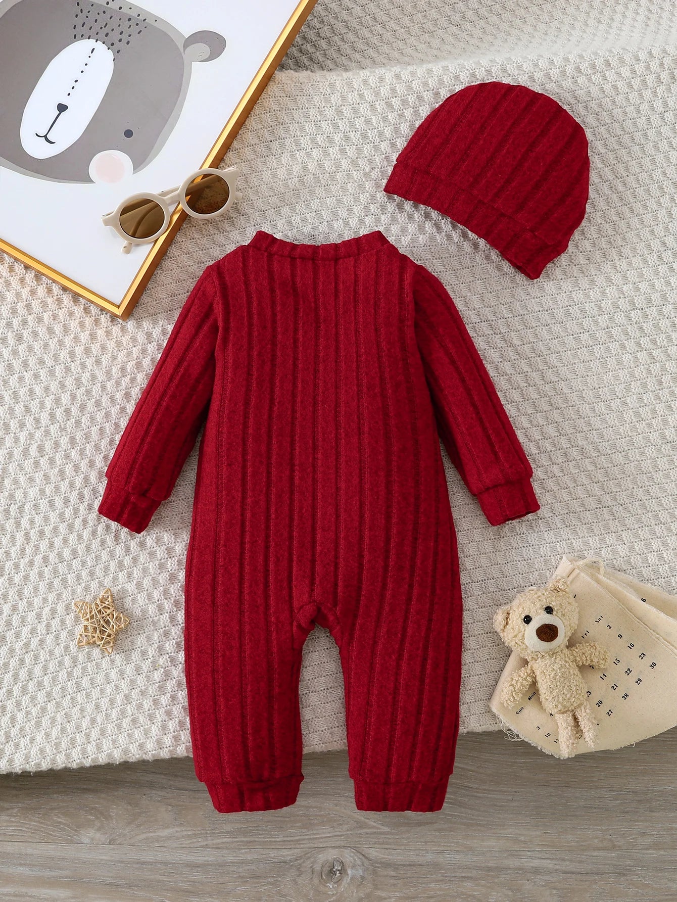 Baby Red Onesie Buttons Jumpsuit Red Hat Set