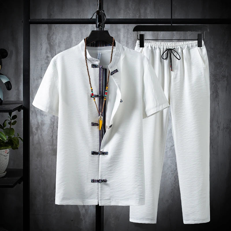 Men's 2PCs Cotton Linen Shirts Pants Set