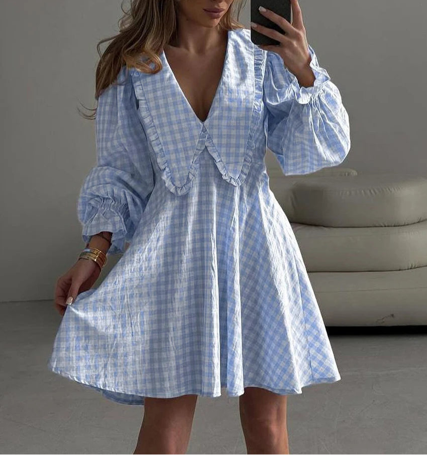 Women's Loose Plaid Cotton Doll Collar Long Sleeve Mini Dress