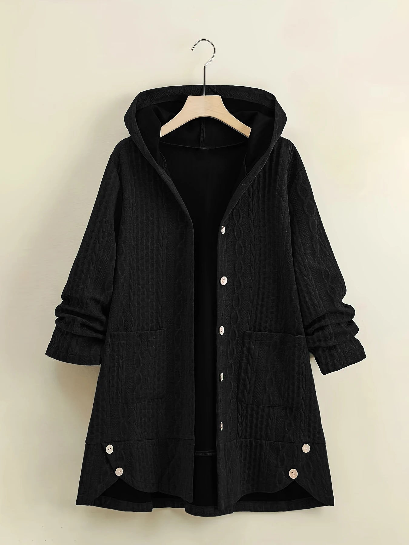 Women's Curvy Cable Knit Hooded Long Cardigan