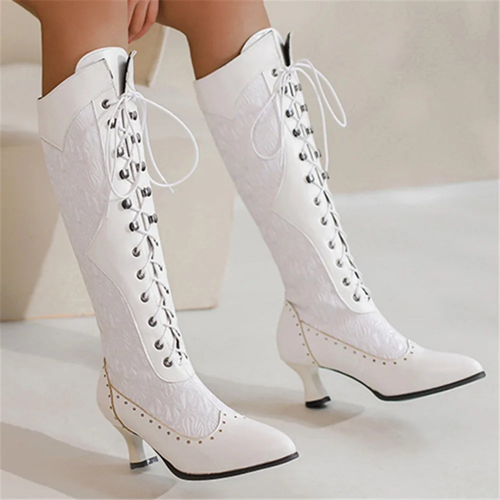 Women's Victorian Mid-Calf Leather High Heel Boots