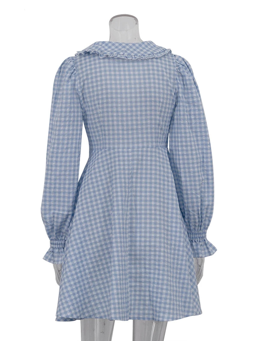 Women's Loose Plaid Cotton Doll Collar Long Sleeve Mini Dress