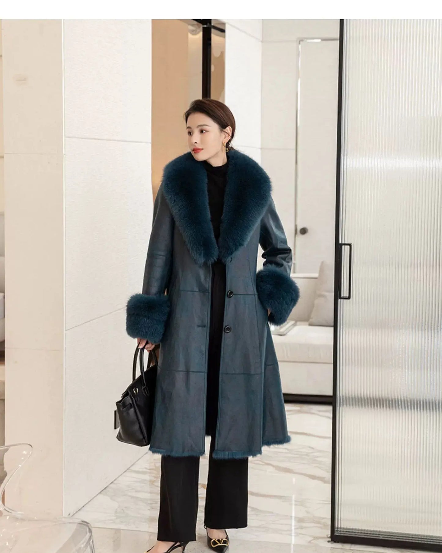 Women's Mid Length Rabbit Fur Fox Fur Collar Slim Fit Coat