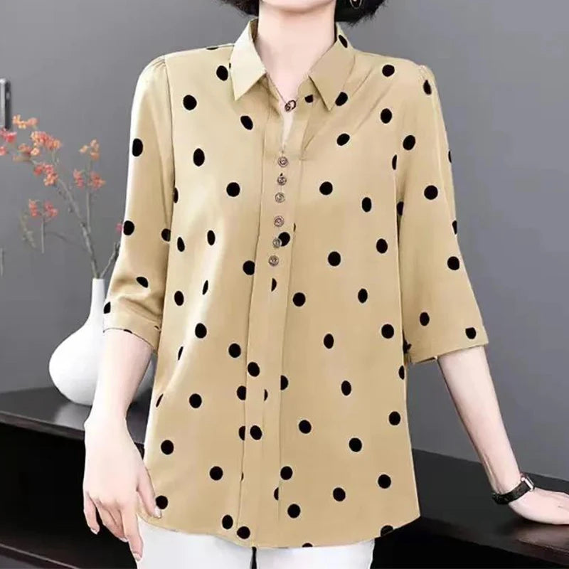 Women's Solid Polka Dot Chiffon V-Neck Shirt