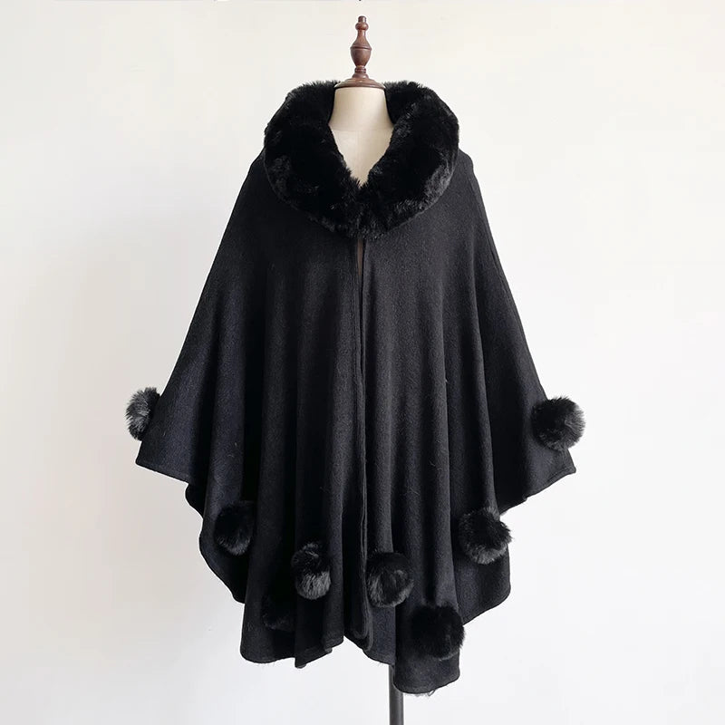 Women's Mink Wool Full Trims Faux Fur Hooded Fleece Cloak Wrap Cape