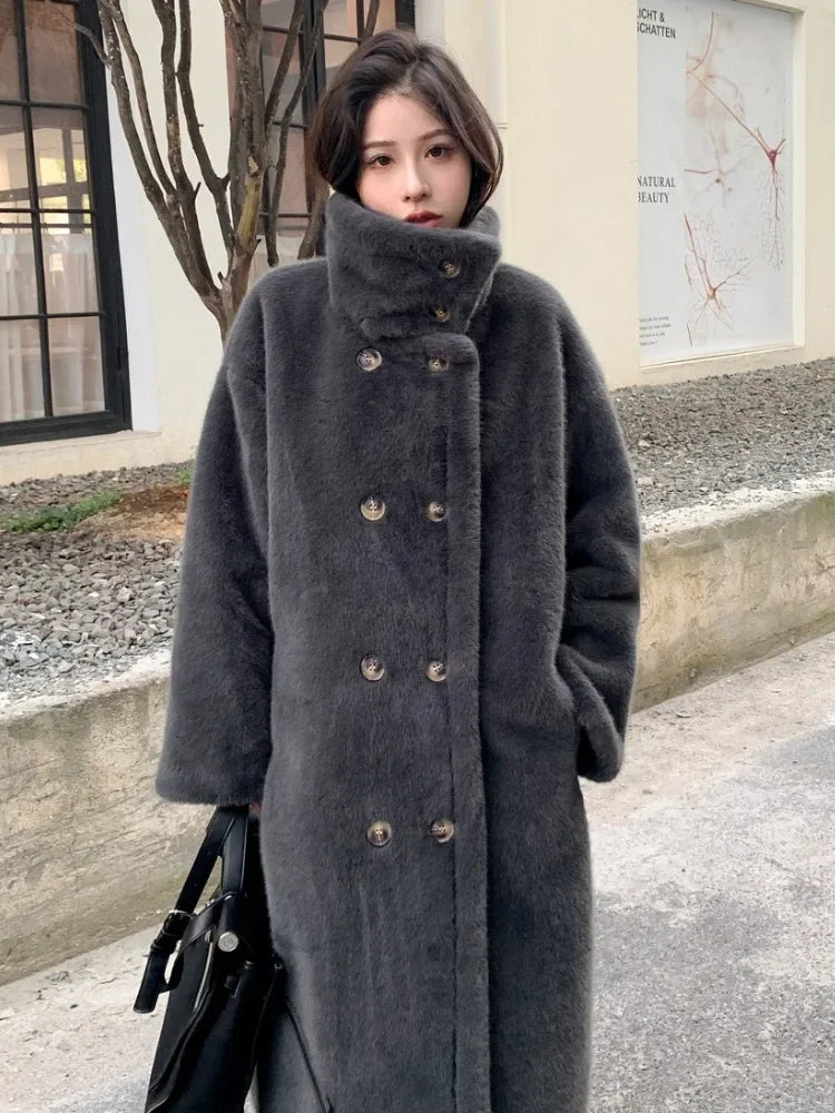 Women's Long Loose Double-Breasted Mink Fur Plush Coat