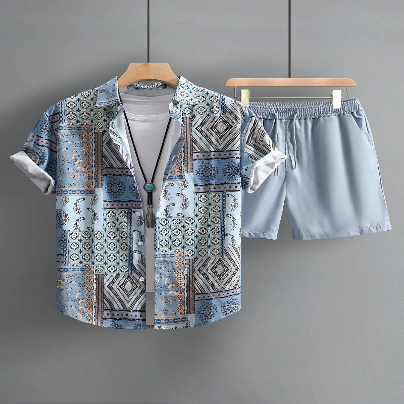 Men's 2Pcs Shorts Shirt Drawstring Waist Ethnic Floral Set