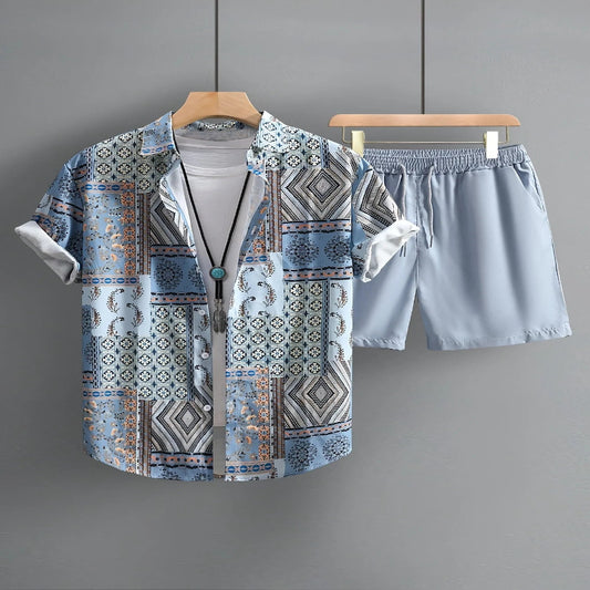 Men's 2Pcs Shorts Shirt Drawstring Waist Ethnic Floral Set