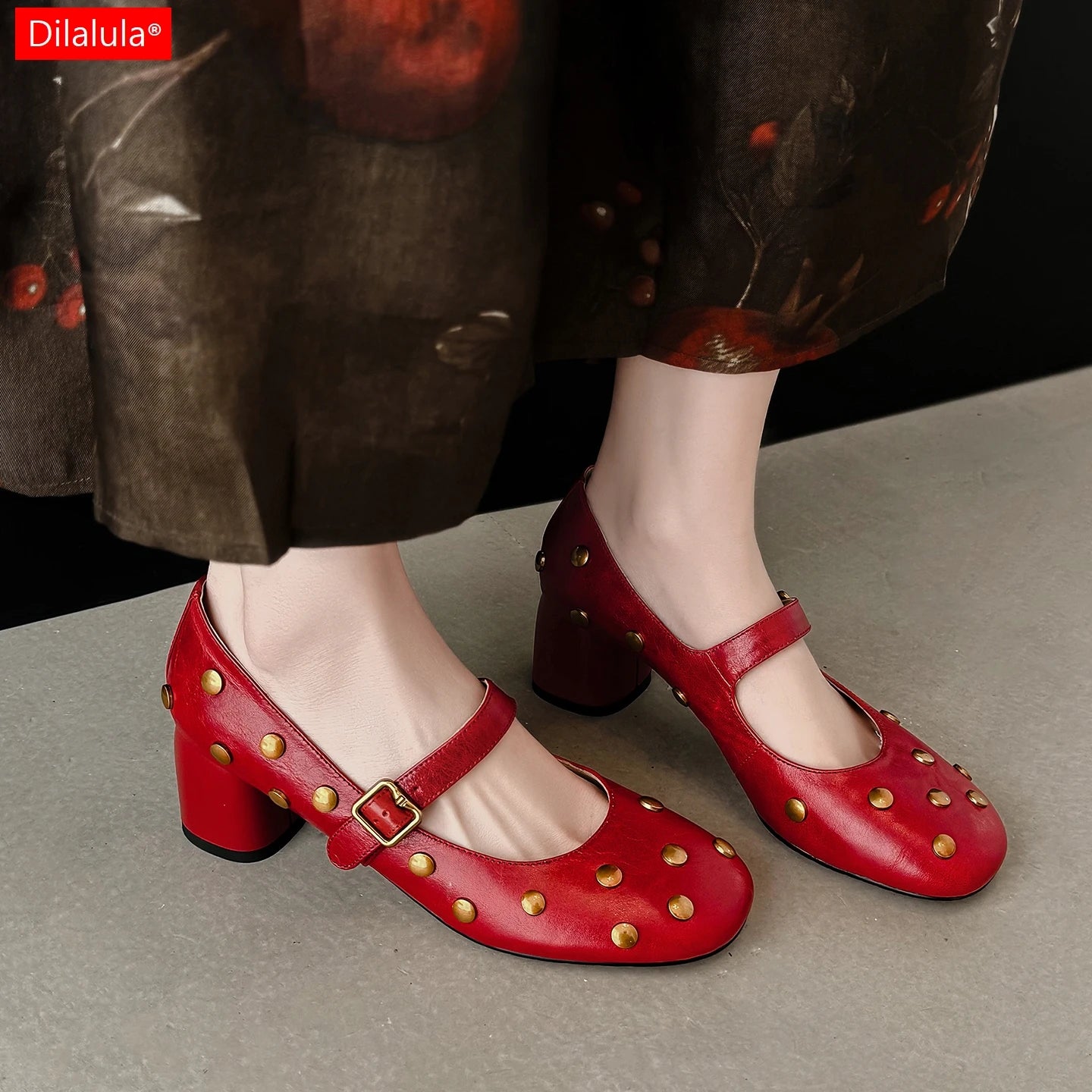 Women's Natural Cow Leather High Heels Rivets Pumps Shoes