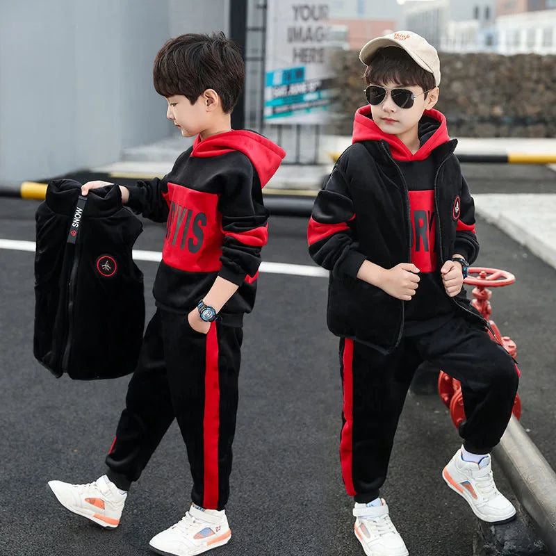 Boys 3Pcs Fleece Lined Zip Waistcoat Sweatshirt Sweatpants Set