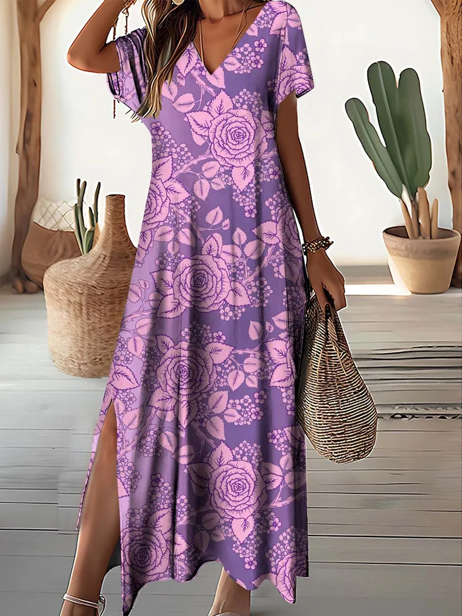 Women's Retro Floral Print Plus Size V-Neck Long Dress