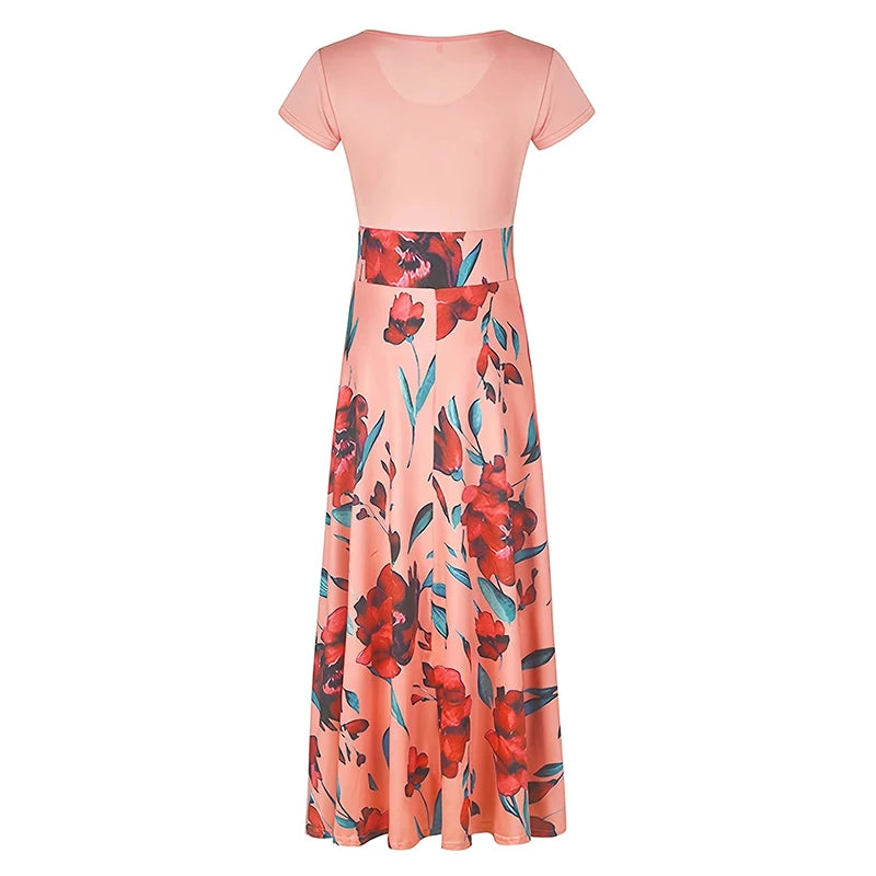 Women's Short Sleeve Slim Waist Pleated Maxi Dress