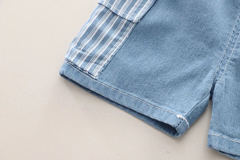 Kids' 2Pcs Denim Striped Shirt Short Suit Set