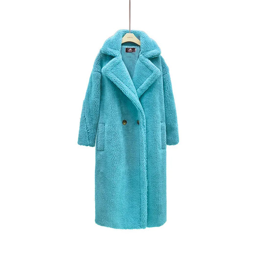 Women's Faux Fur Long Large Grain Lamb Sheep Wool Coat