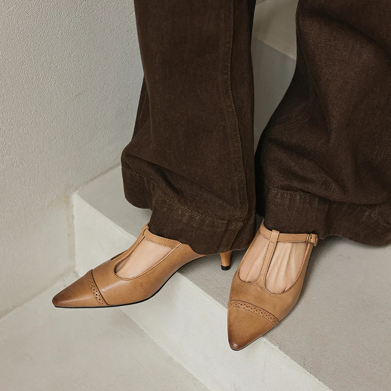 Women's Cow Leather T-Strap Pumps Shoes