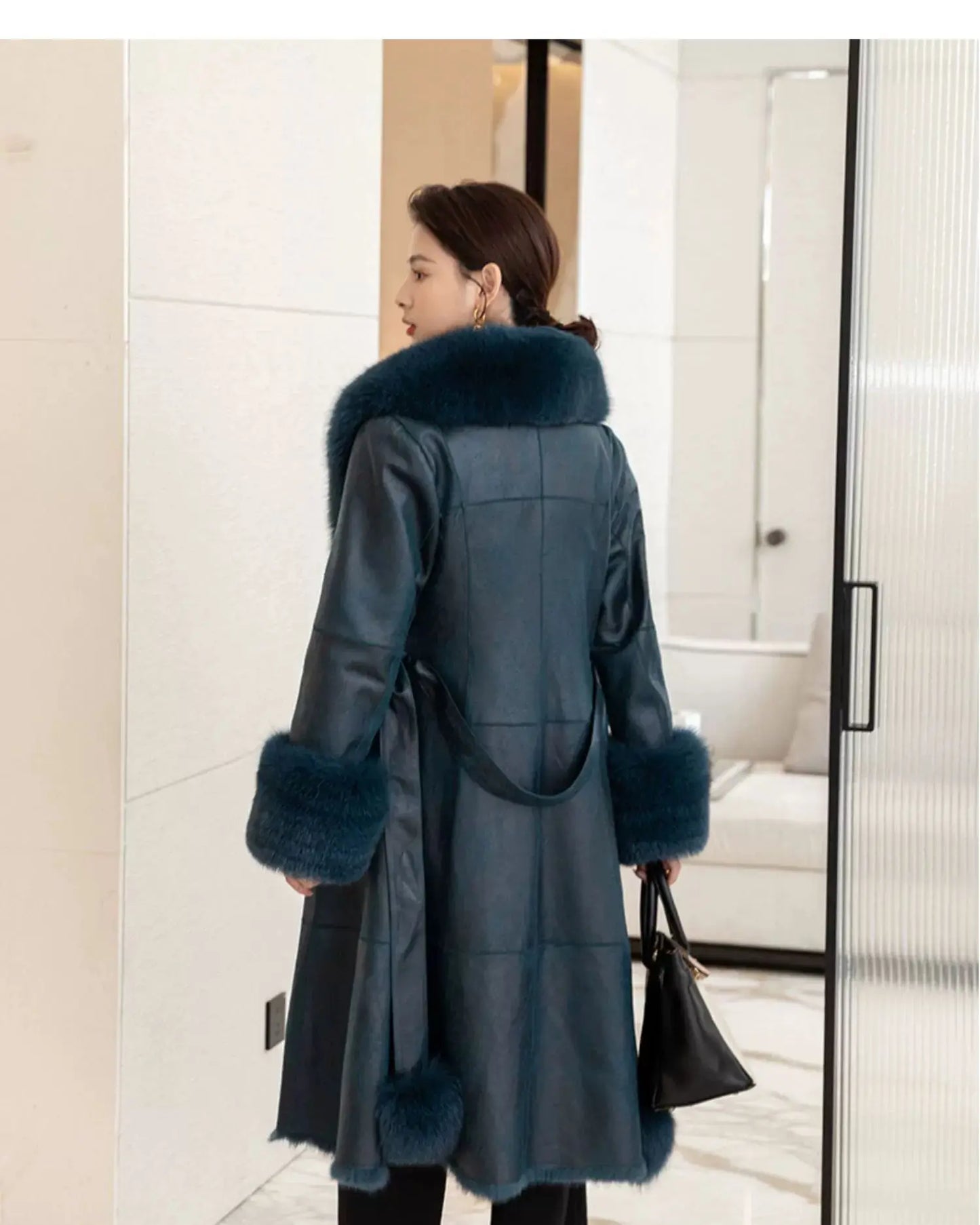 Women's Mid Length Rabbit Fur Fox Fur Collar Slim Fit Coat