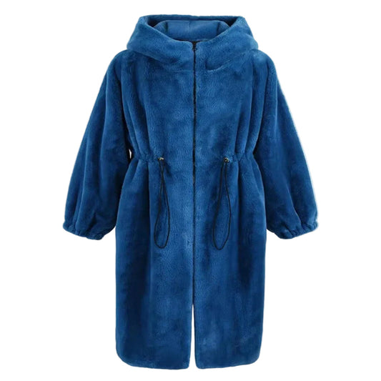 Women's Fluffy Faux Fur Hood Drawstring Waist Zip Up Coat