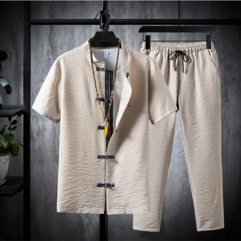 Men's 2PCs Cotton Linen Shirts Pants Set