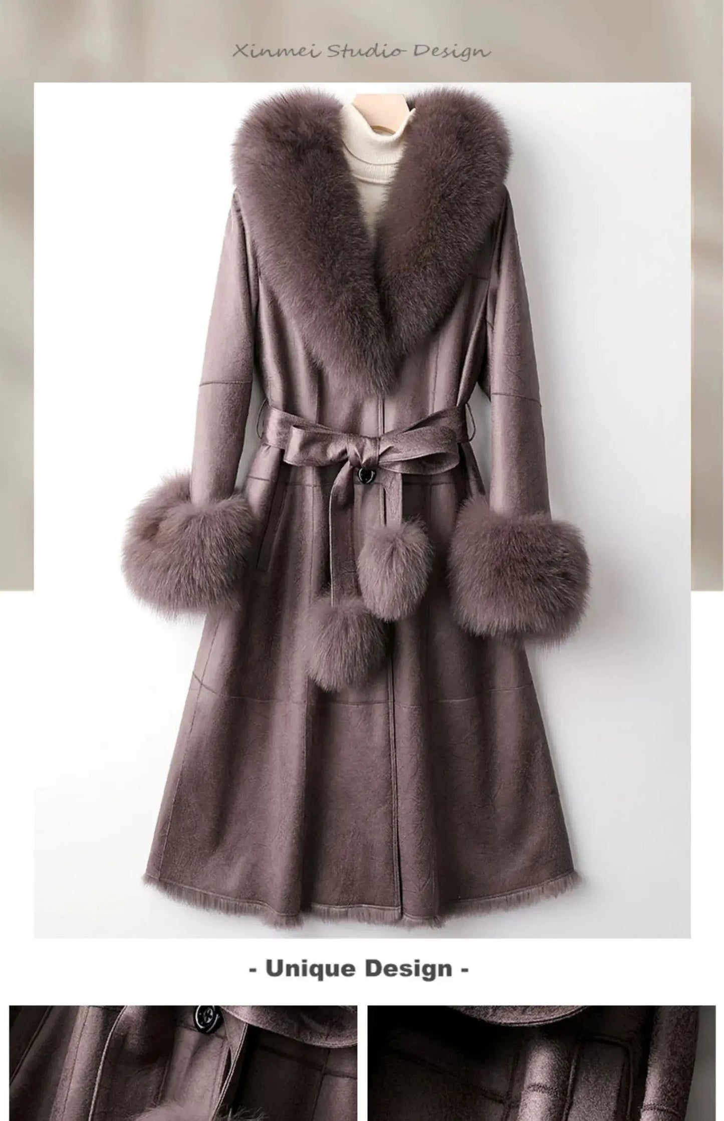 Women's Mid Length Rabbit Fur Fox Fur Collar Slim Fit Coat