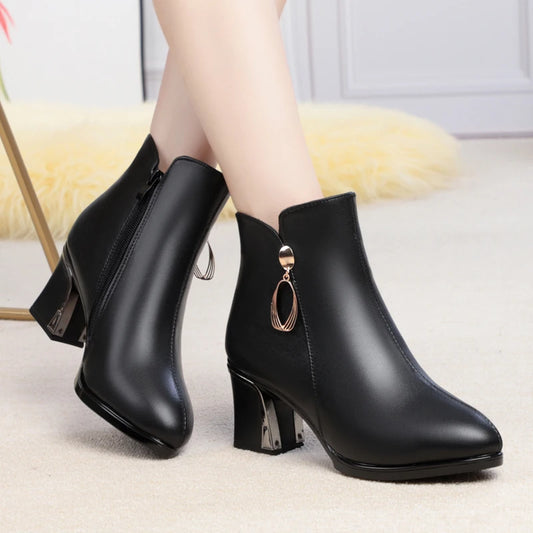 Women's Pointed Genuine Leather High Heel Dress Boots