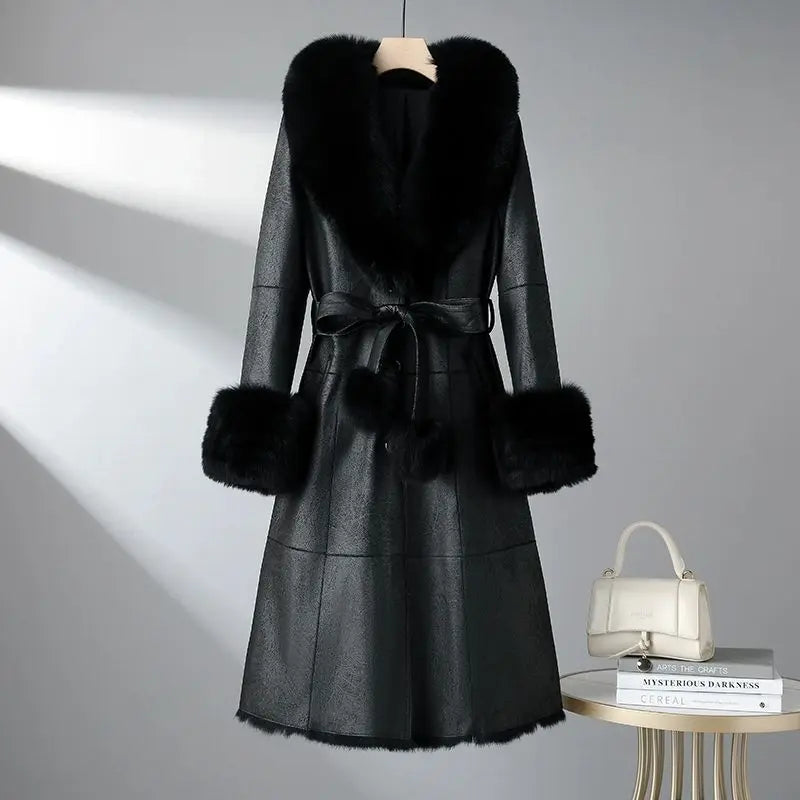 Women's Mid Length Rabbit Fur Fox Fur Collar Slim Fit Coat