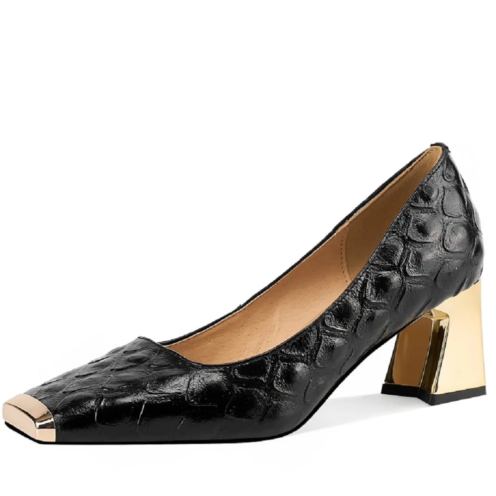 Women's Genuine Leather Mid Heel Square Toe Pumps Shoes