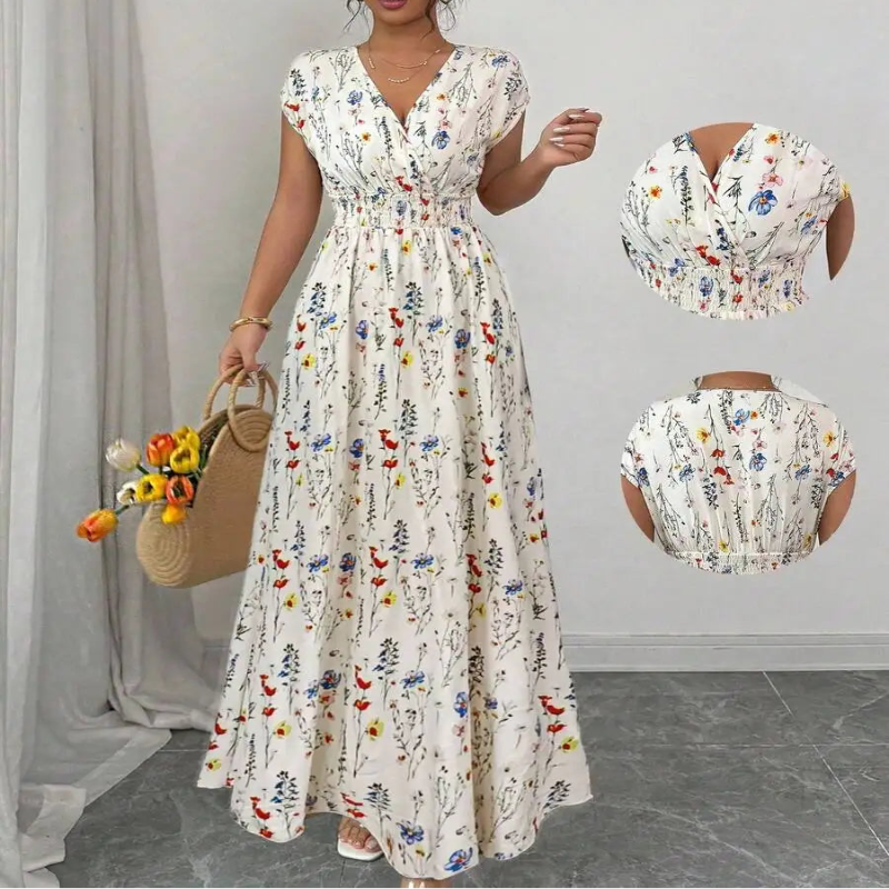 Women's Ditsy Floral V-Neck Sleeveless Waisted Maxi Dress