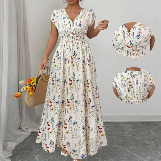 Women's Ditsy Floral V-Neck Sleeveless Waisted Maxi Dress