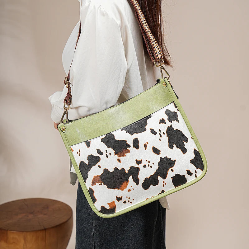 Women's 2Pcs Faux Leather Cow Pattern Shoulder Handbag Purse