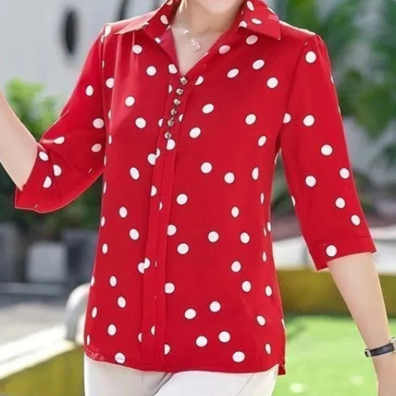 Women's Solid Polka Dot Chiffon V-Neck Shirt