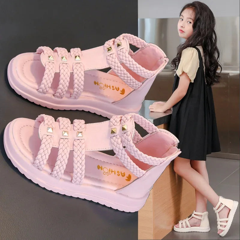 Girls Braided Solid Color Simple Rivets Hollow Flat Sandals