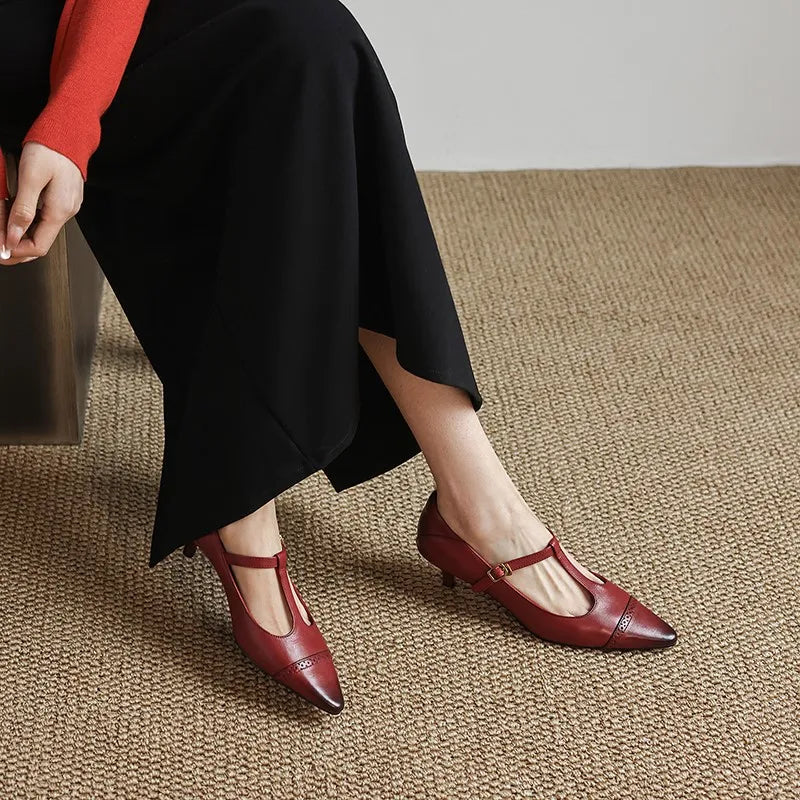 Women's Cow Leather T-Strap Pumps Shoes