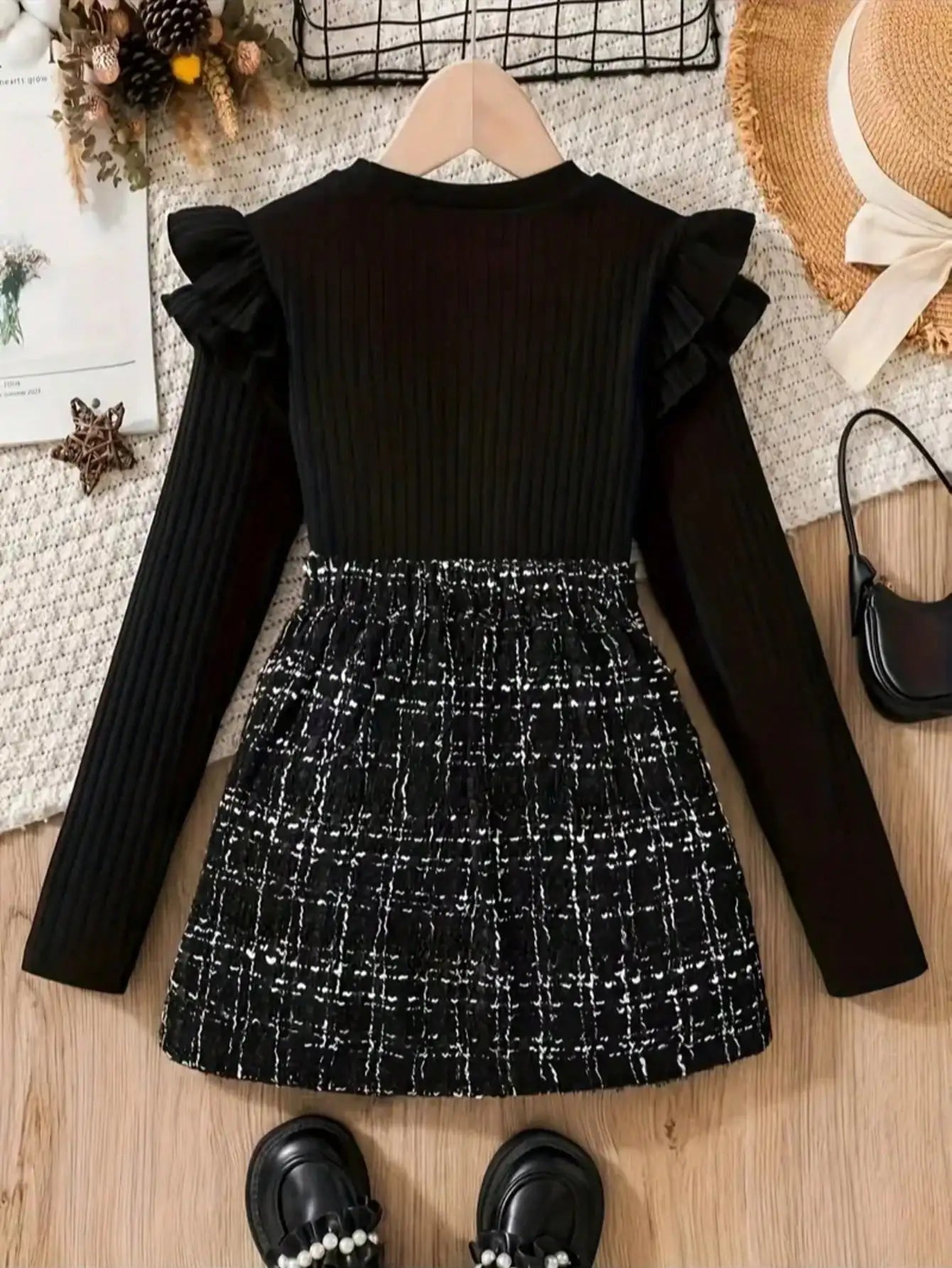 Girls 2Pcs Ruffle Edge Length Sleeve Top Twill Knit Skirt Set