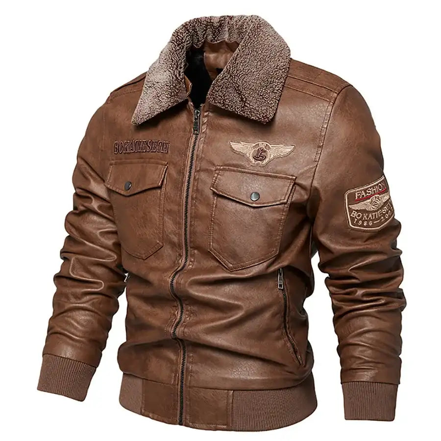 Men's Fleece Fur Collar Windbreaker Pu Bomber Jacket