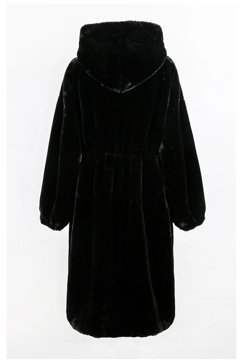 Women's Fluffy Faux Fur Hood Drawstring Waist Zip Up Coat