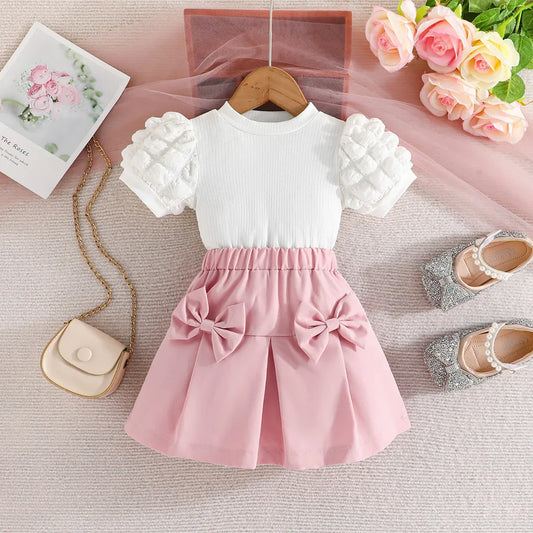 Girls Puff Sleeve Blouse Elastic Skirt Set
