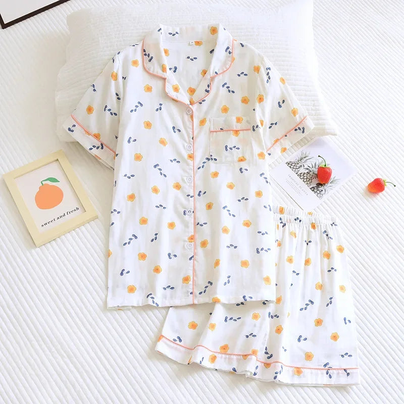Women's 2Pcs Cotton Gauze Thin Short Sleeved Short Pajamas Set
