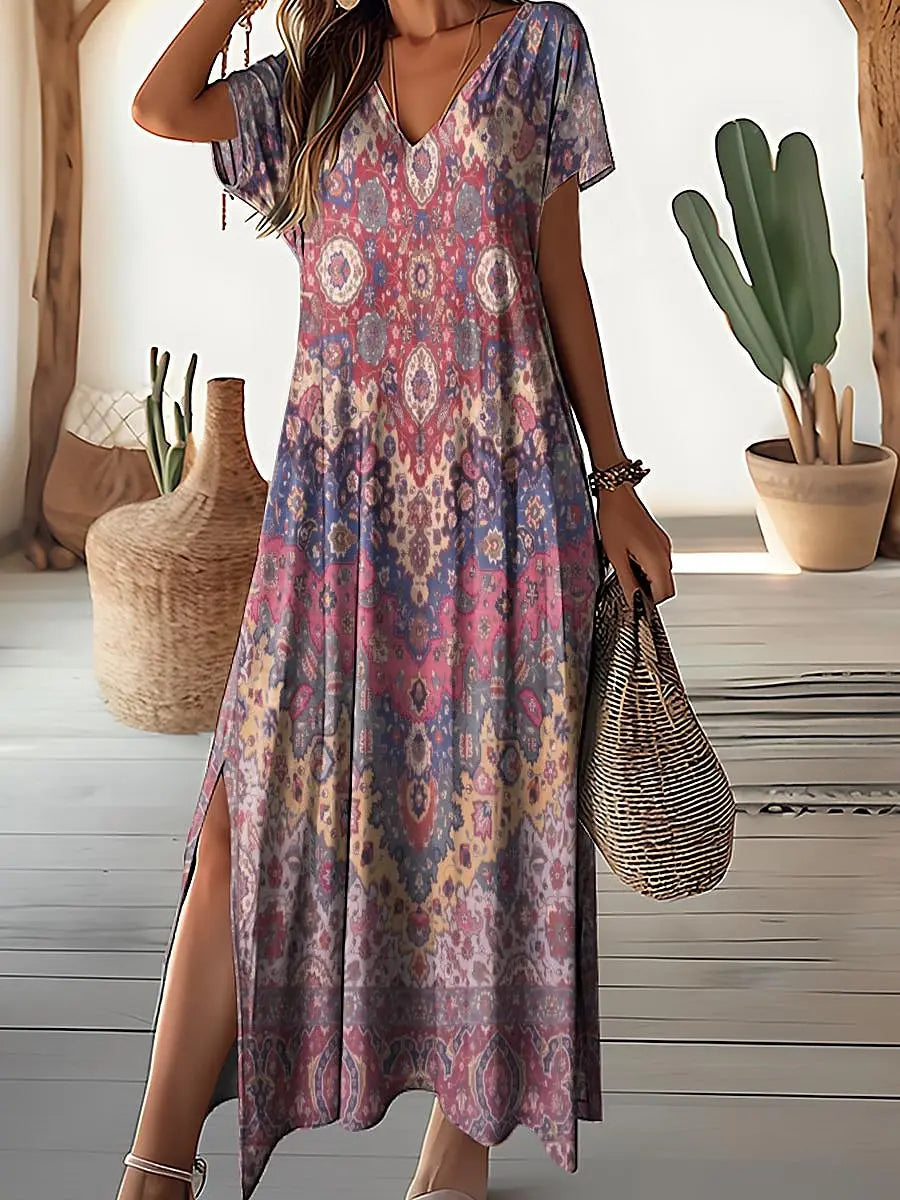 Women's Retro Floral Print Plus Size V-Neck Long Dress