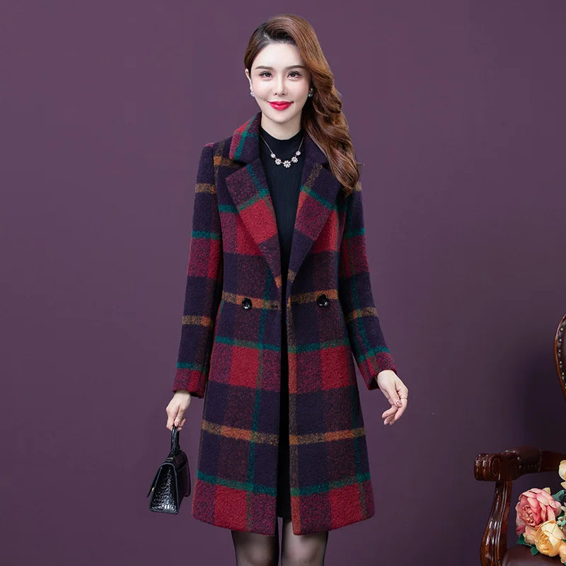 Women's Long Slim Fit Slim Temperament Plaid  Wool Coat